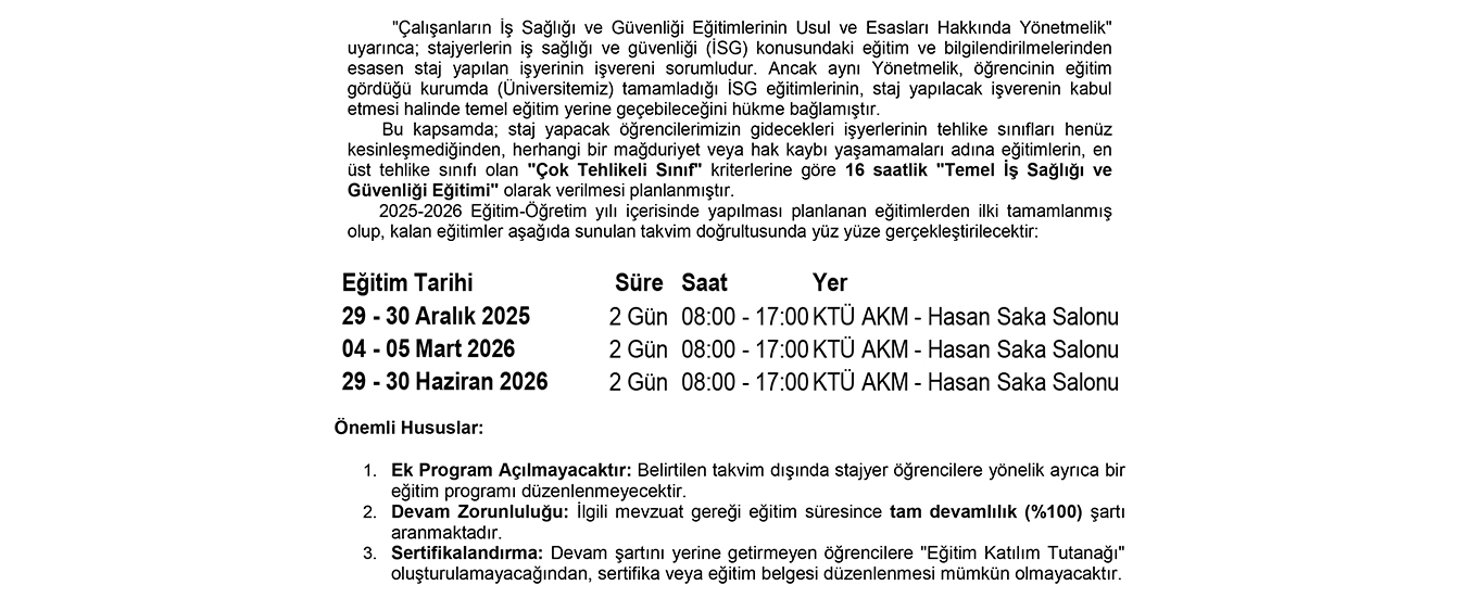 İSG Eğitimi Duyurusu