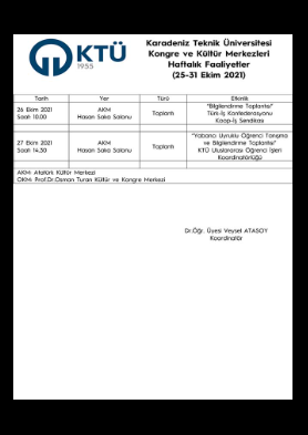 25-31 Ekim 2021 Haftalık Kültürel Faaliyetler