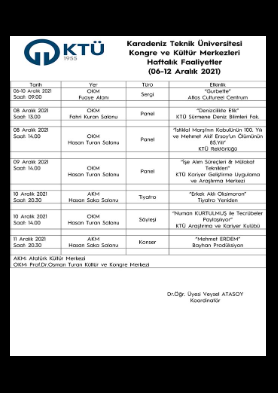 06-12 Aralık 2021 Haftalık Kültürel Faaliyetler